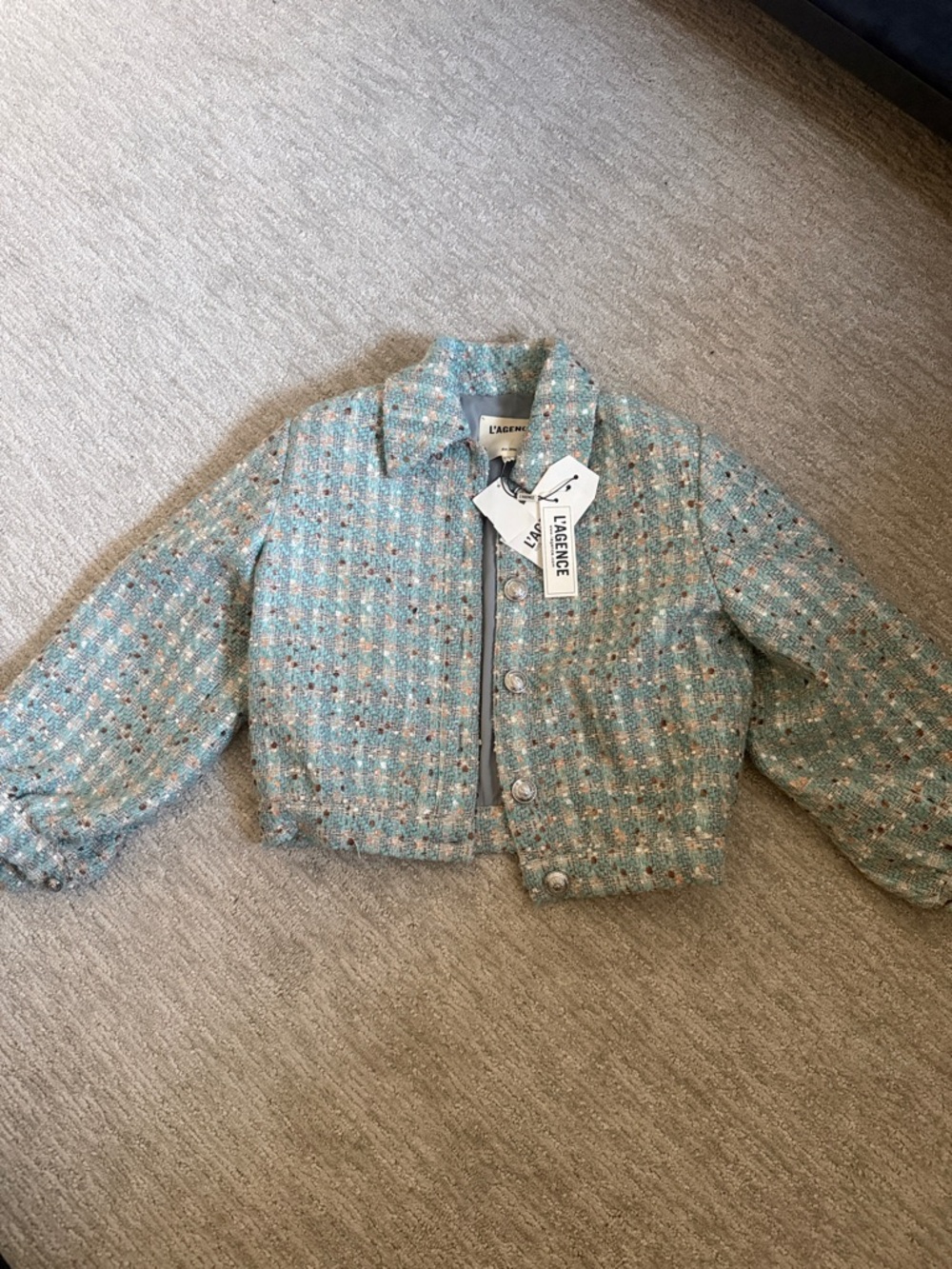 L'AGENCE Aqua and Pink Tweed Cropped Jacket